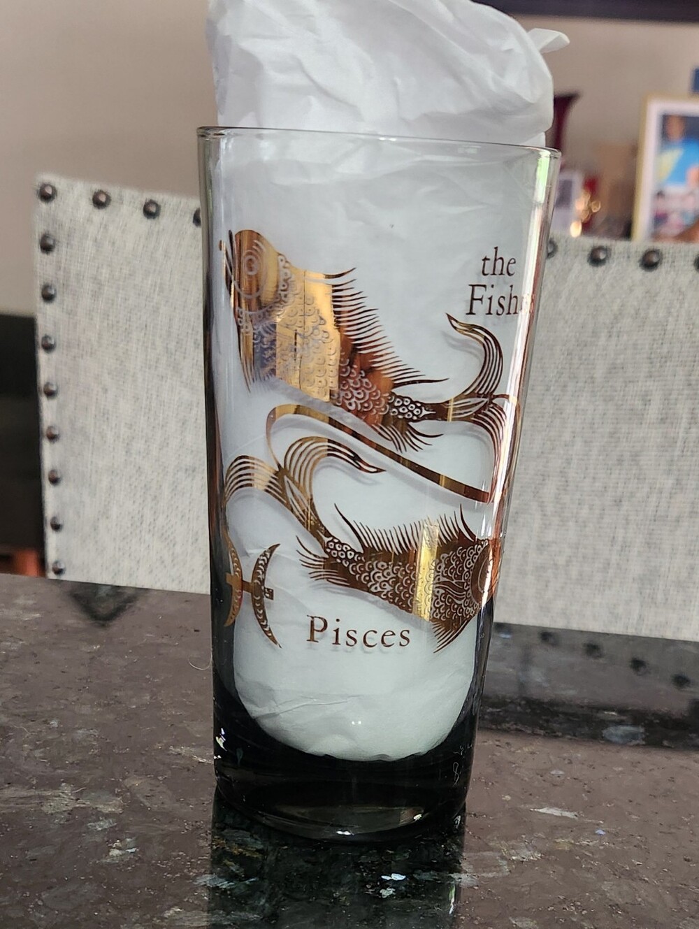 Pisces Zodiac Federal Glass Tumbler Smoke Black With  Gold Accent Vintage